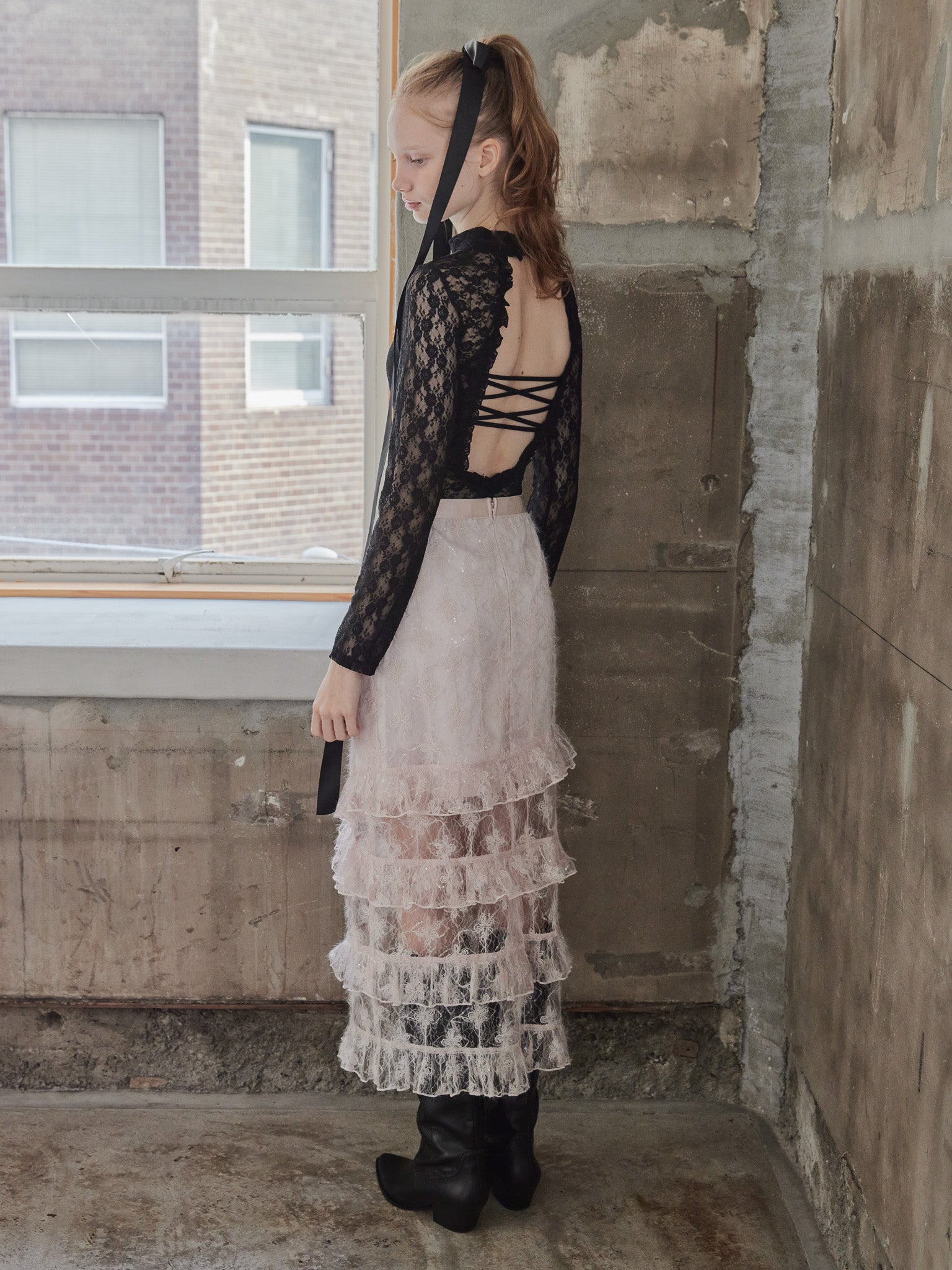 Shiny lace tiered skirt ピンク size:M model:173cm DASHA.G