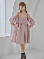 Back ribbon embossed volume mini dress ピンクベージュ size:M model:175cm MARTA