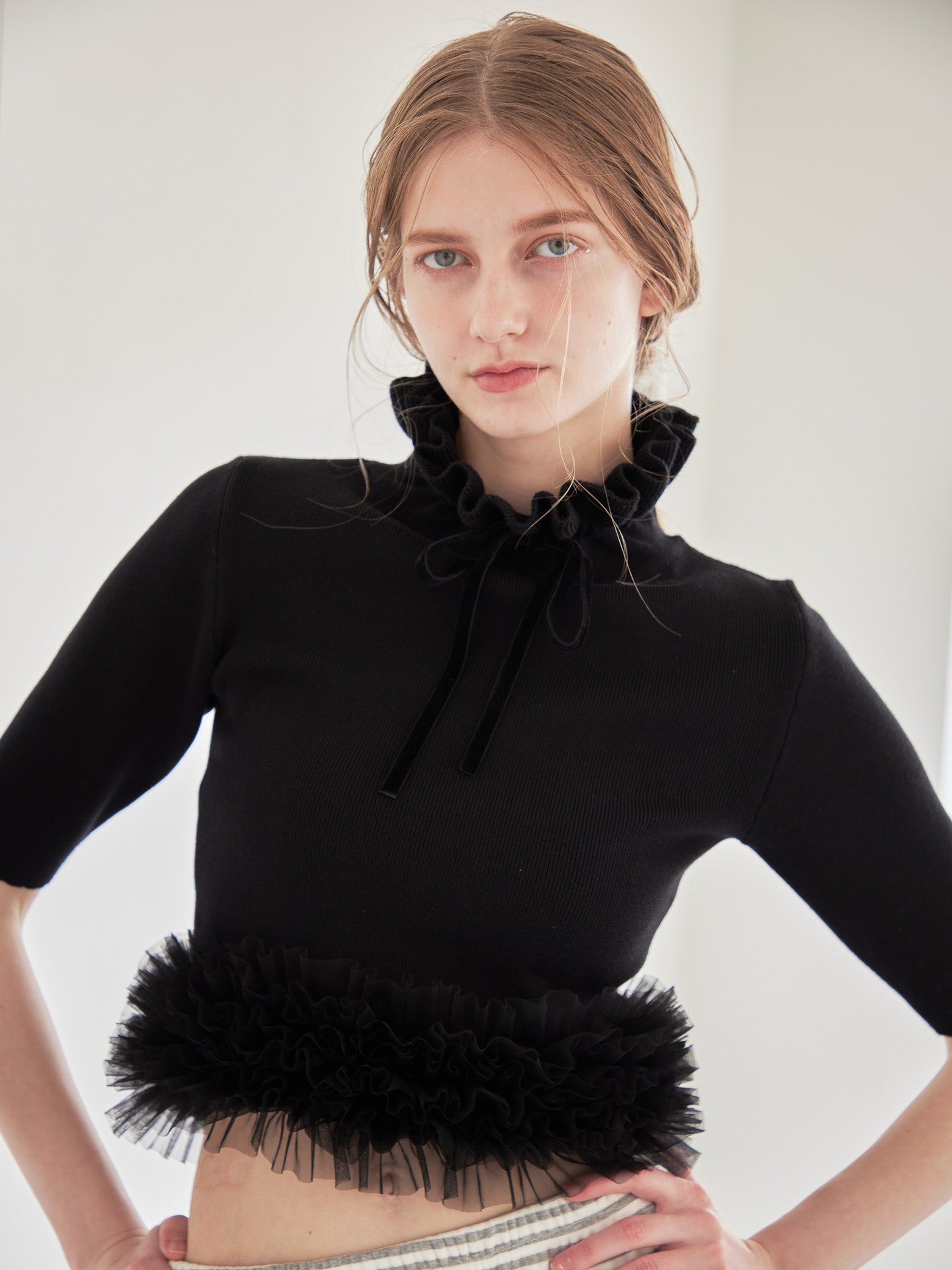 Hem tulle rib knit ブラック size:M model:174cm LERA