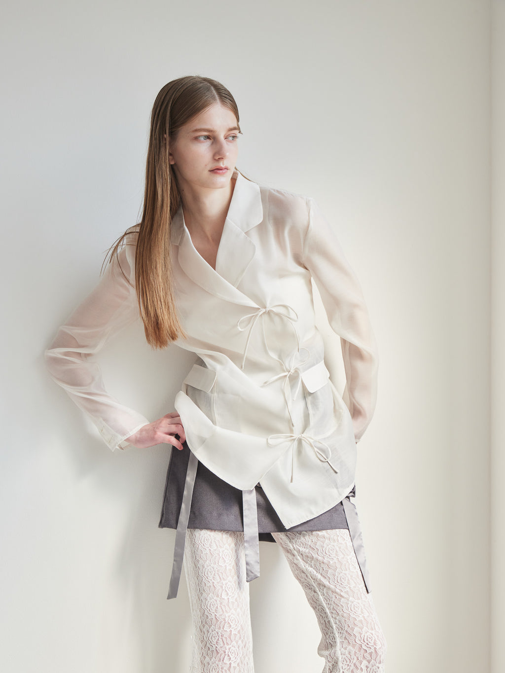 Ribbon sheer jacket アイボリー size:M model:174cm LERA