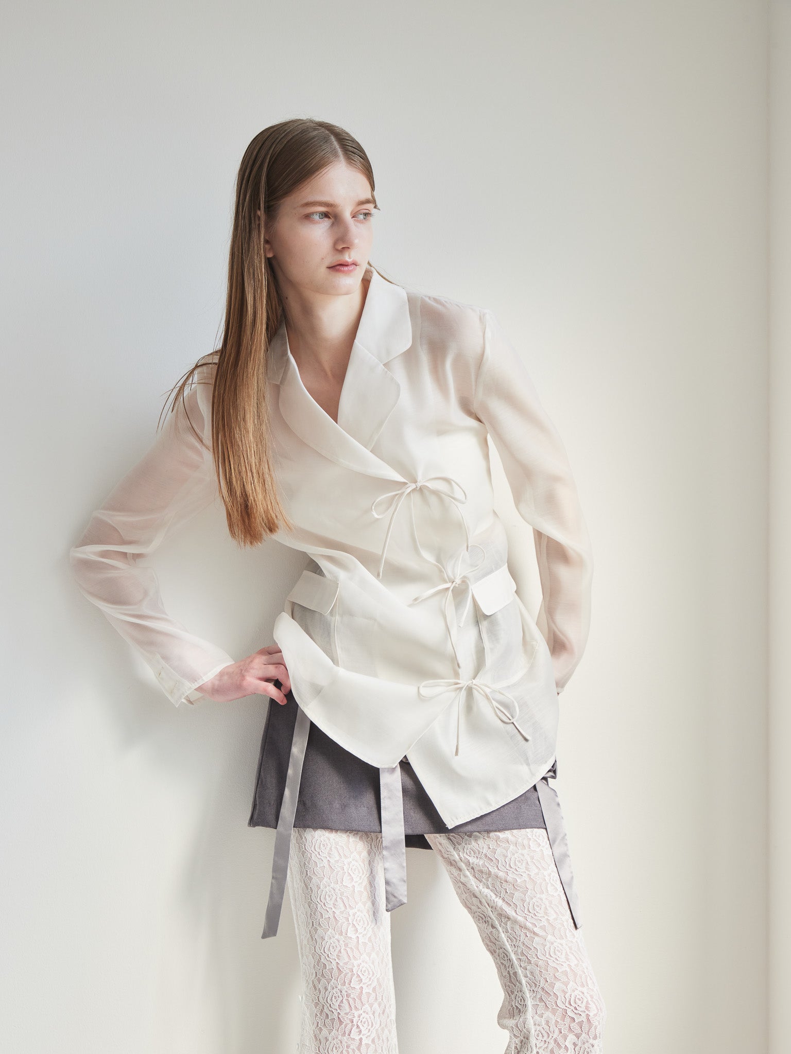 Ribbon sheer jacket アイボリー size:M model:174cm LERA