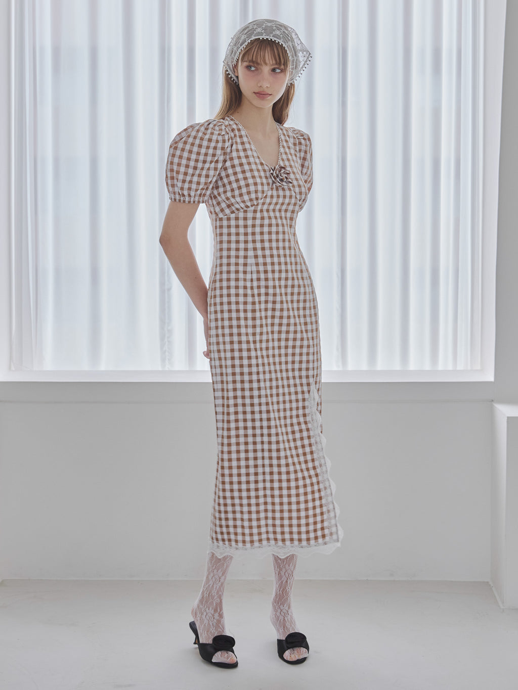 Rose gingham dress モカ size:M model:175cm MARTA