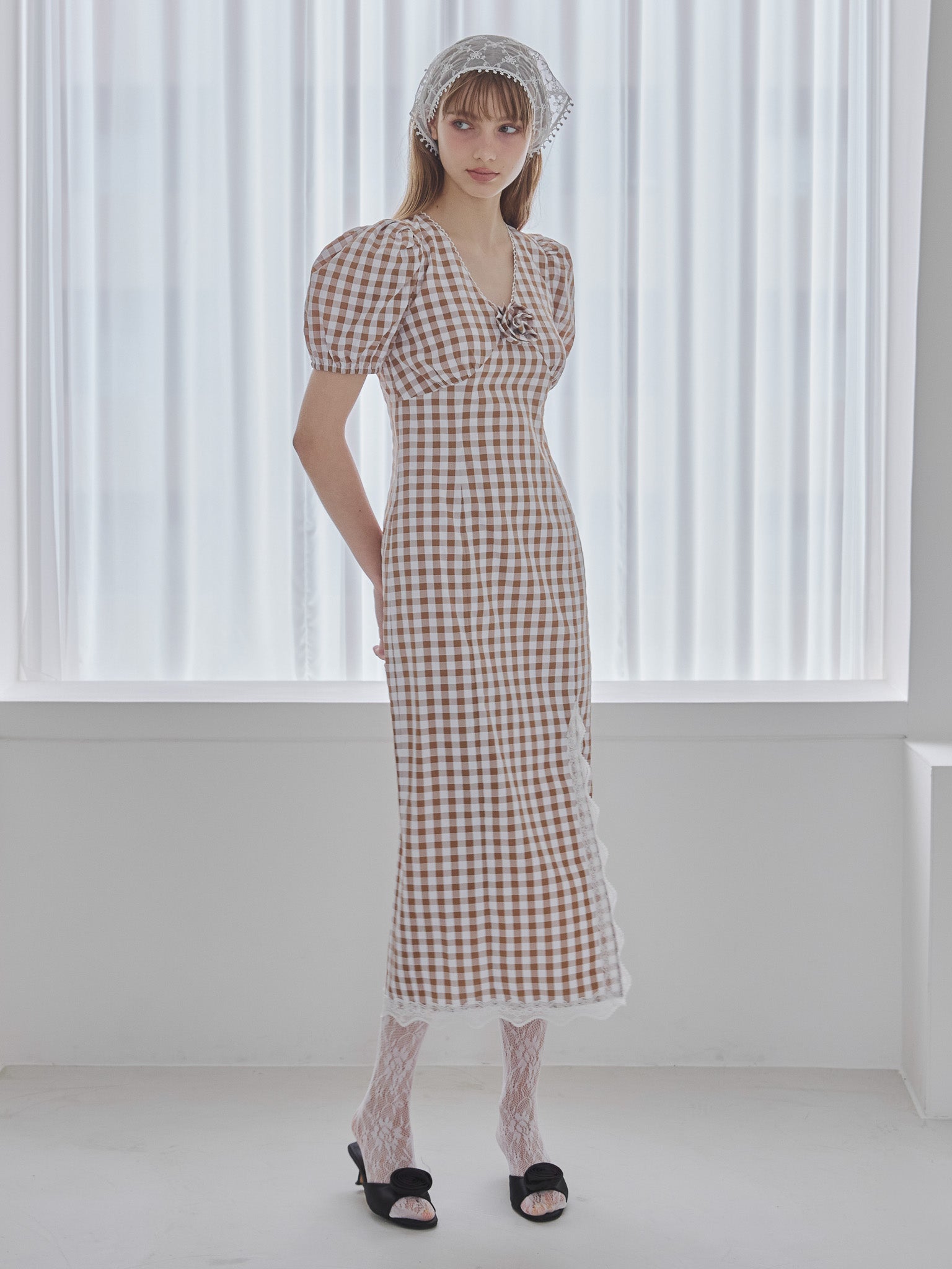 Rose gingham dress モカ size:M model:175cm MARTA