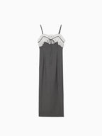 Lace ribbon stripe tight dress グレー