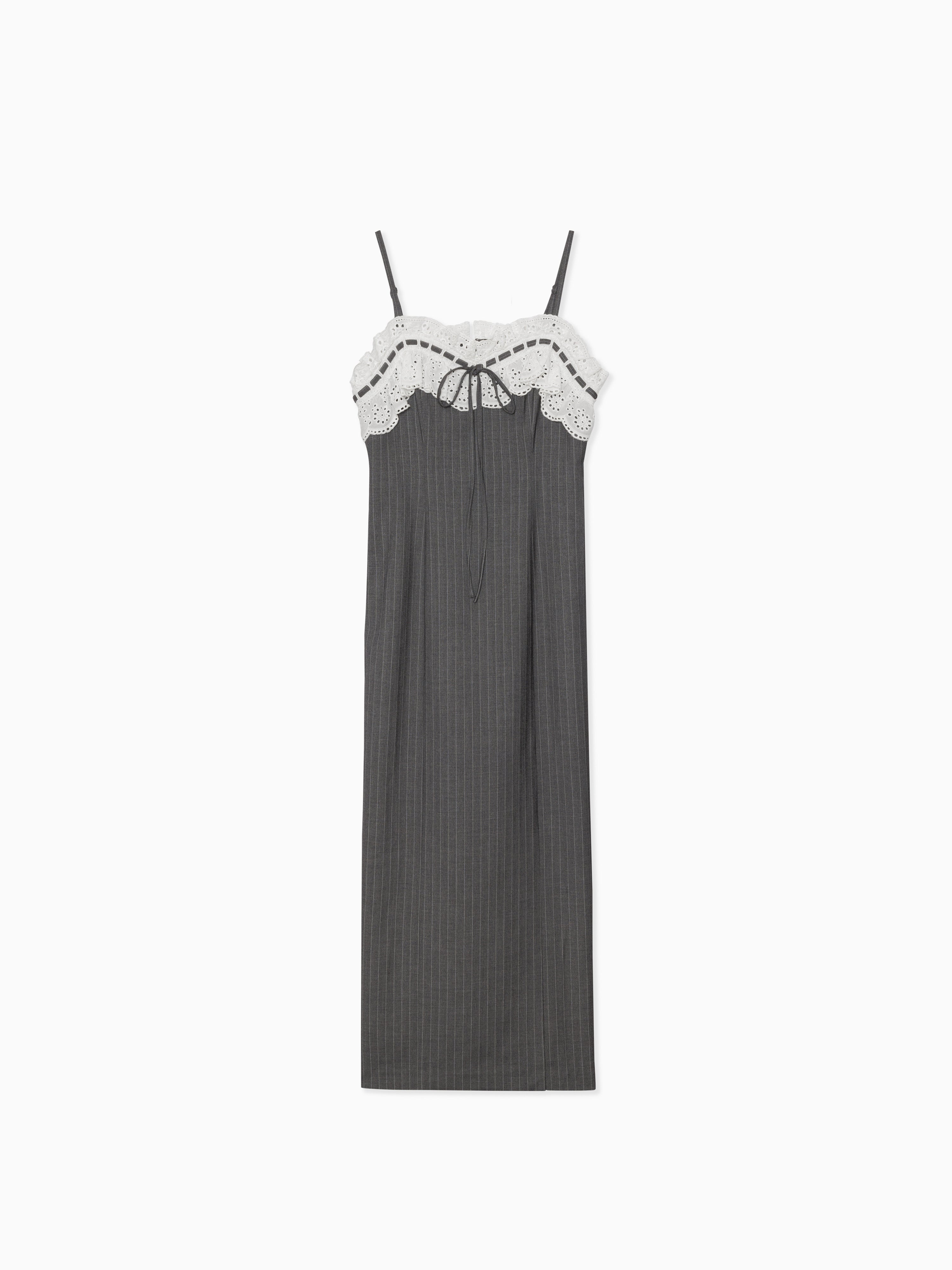 Lace ribbon stripe tight dress グレー
