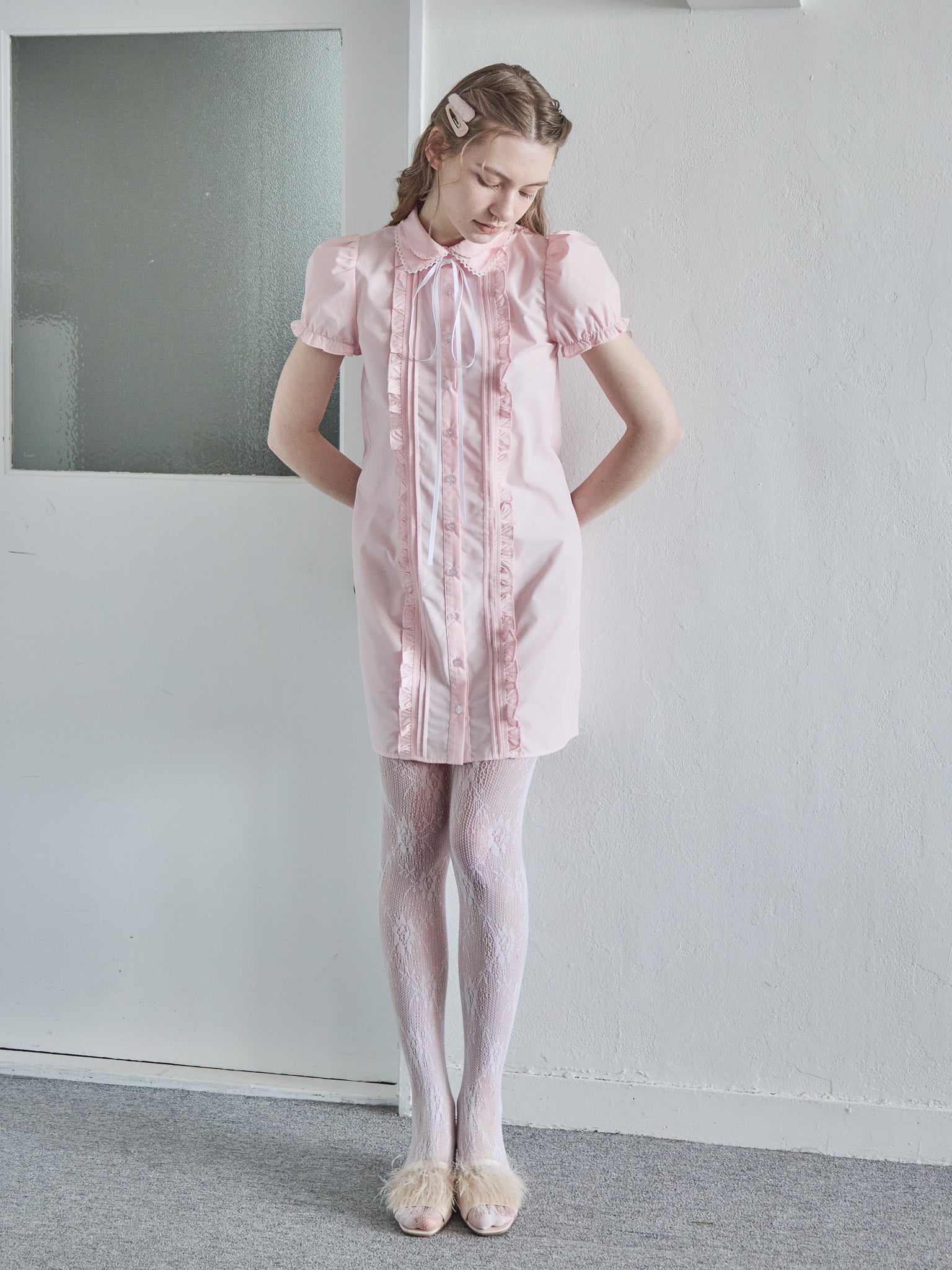 Pintuck mini shirt dress ピンク size:M model:171cm ANIUTA