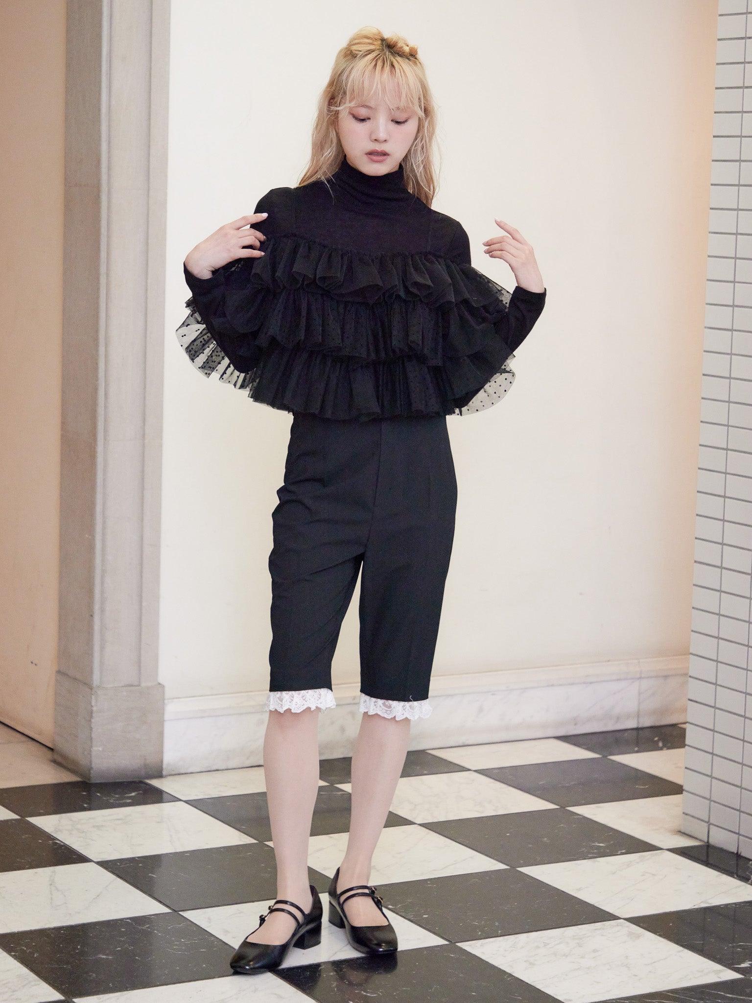 Dot tulle ruffle & knit top set ブラック size:M model:163cm MINAMI