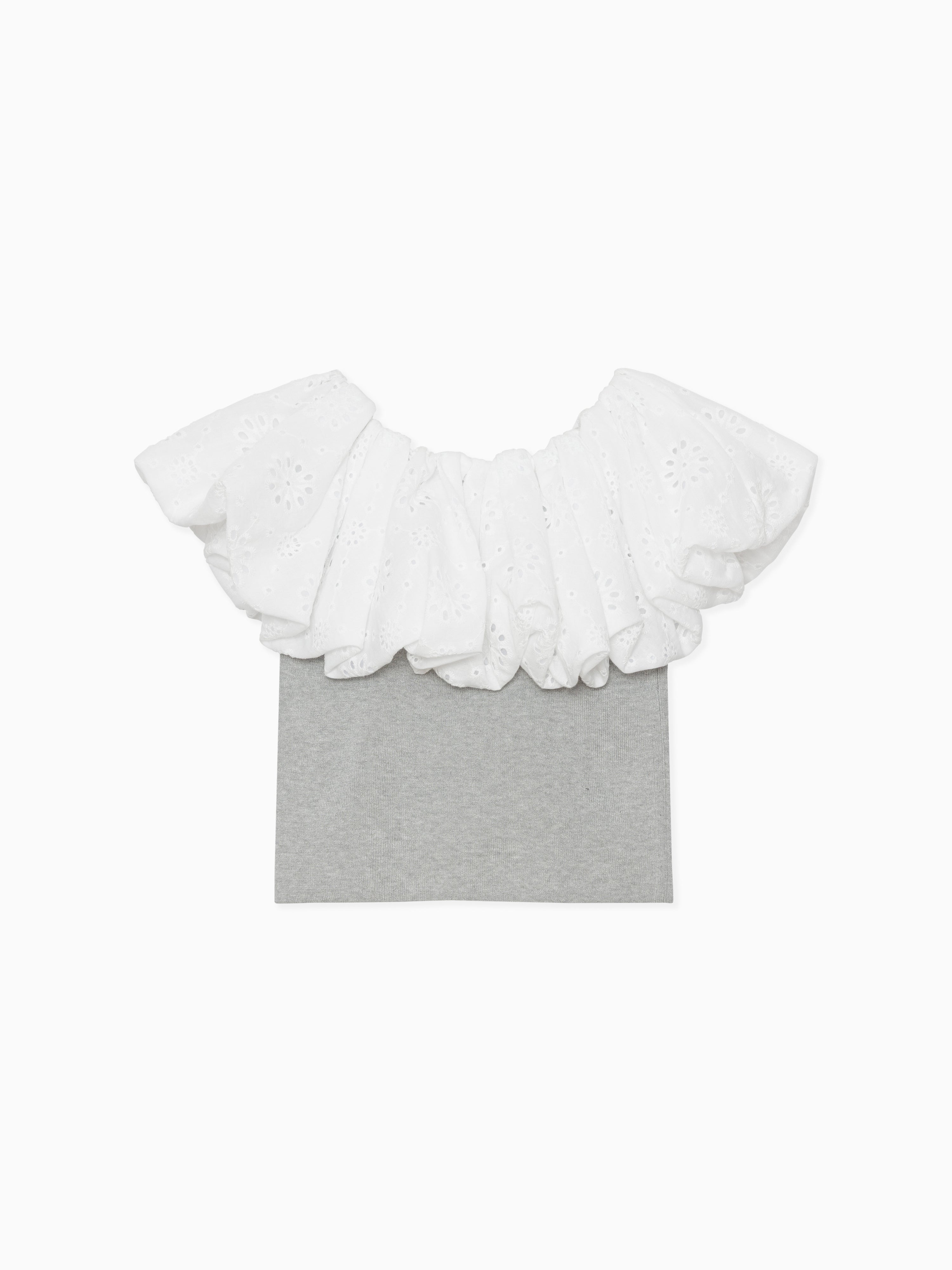 Embroidered balloon collar knit top グレー