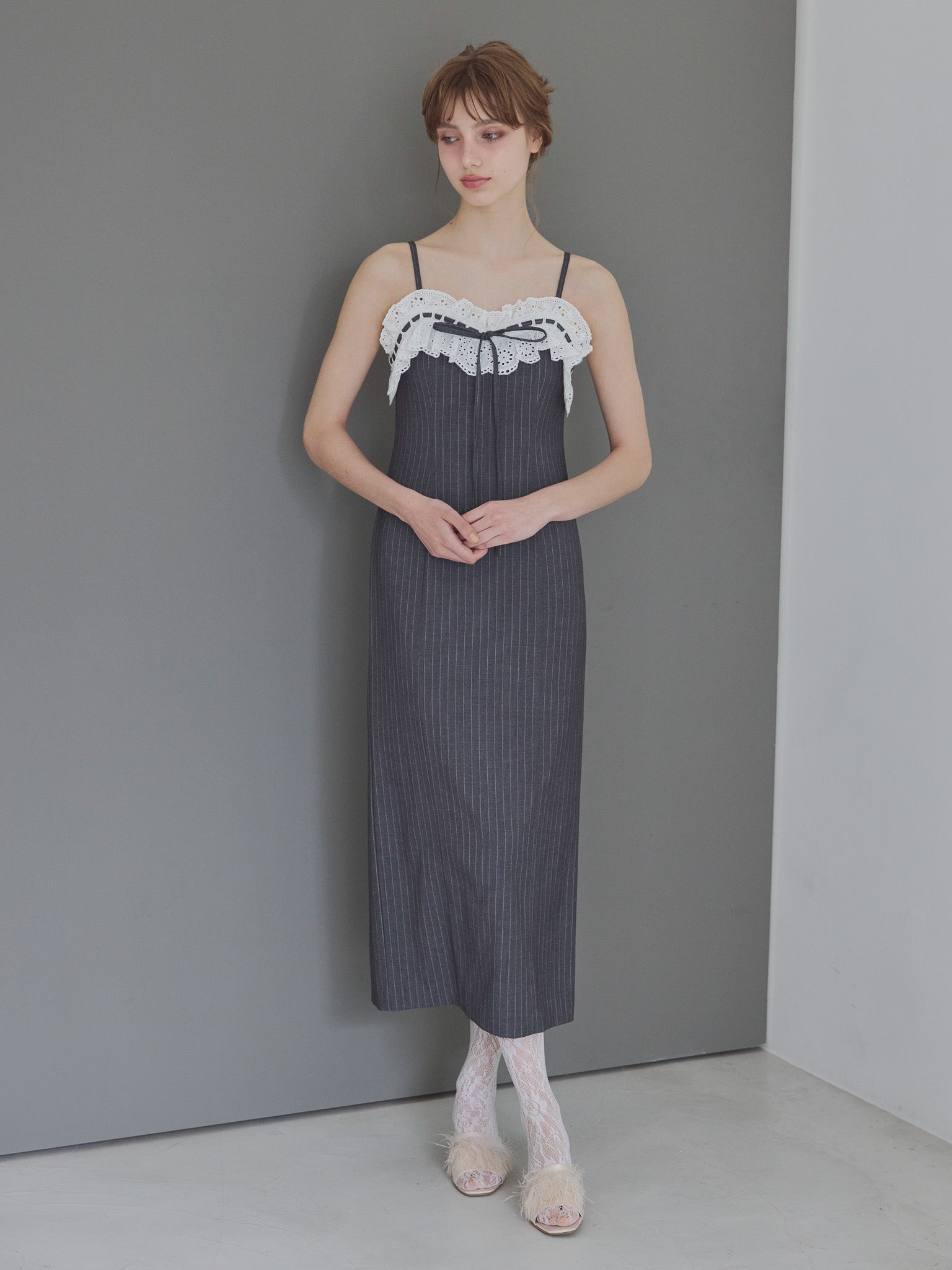Lace ribbon stripe tight dress グレー size:M model:175cm MARTA