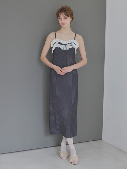 Lace ribbon stripe tight dress グレー size:M model:175cm MARTA