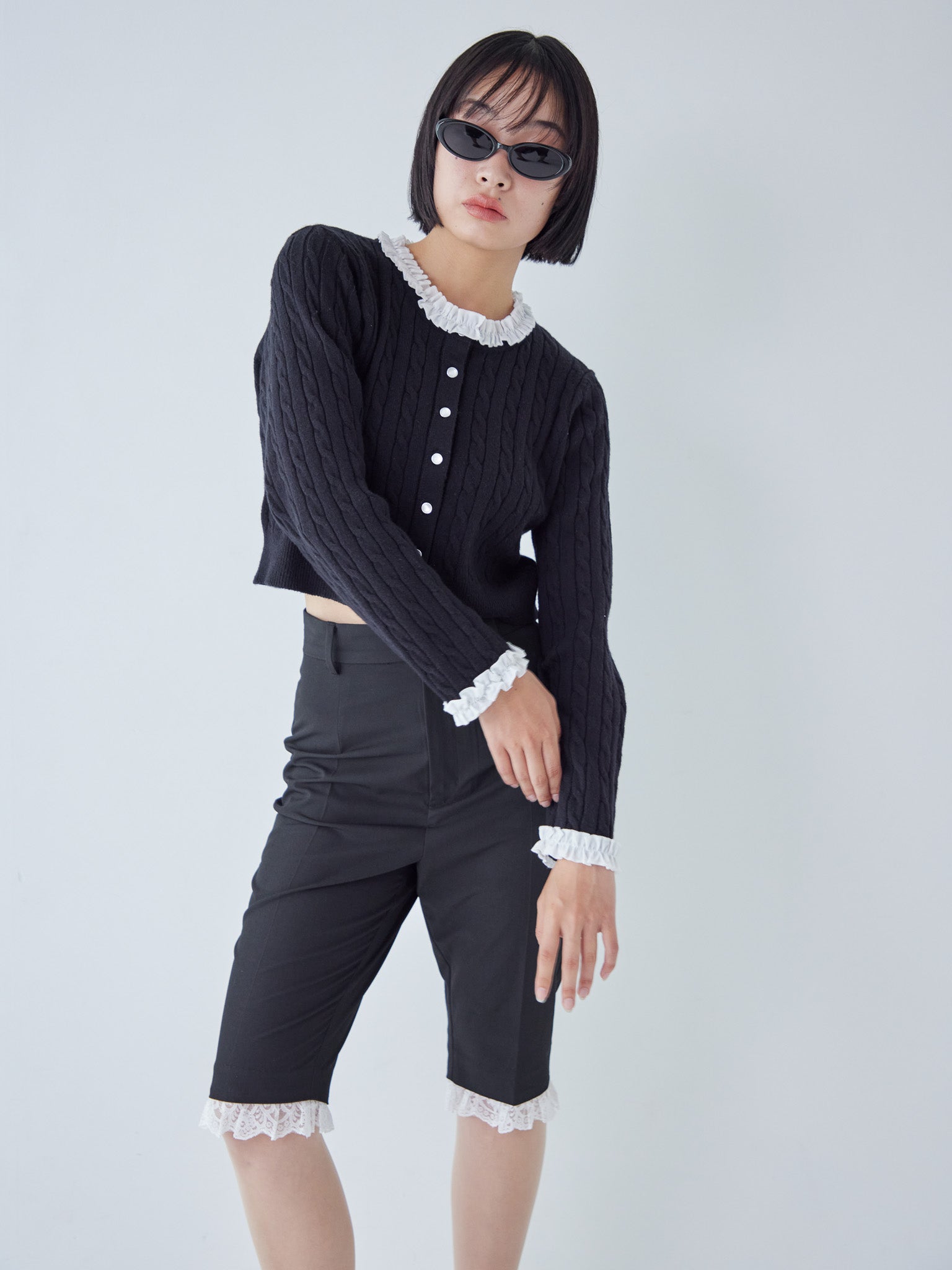 Frilly cable knit cardigan ブラック size:M model:161cm 富樫かなえ