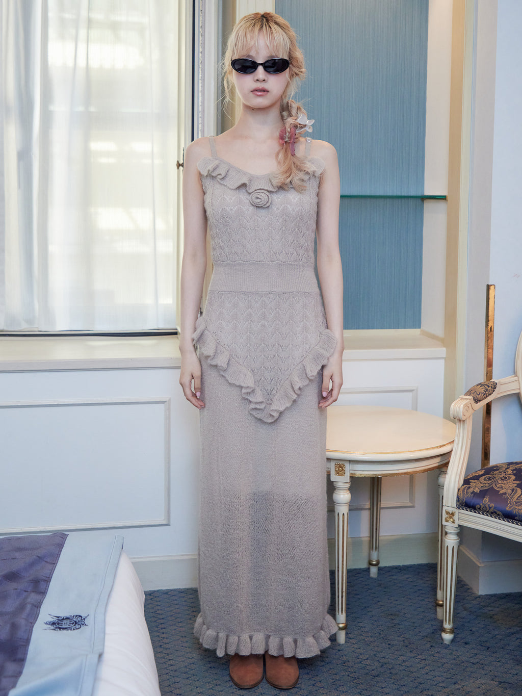 Mohair crochet cami dress モカ size:M model:163cm MINAMI