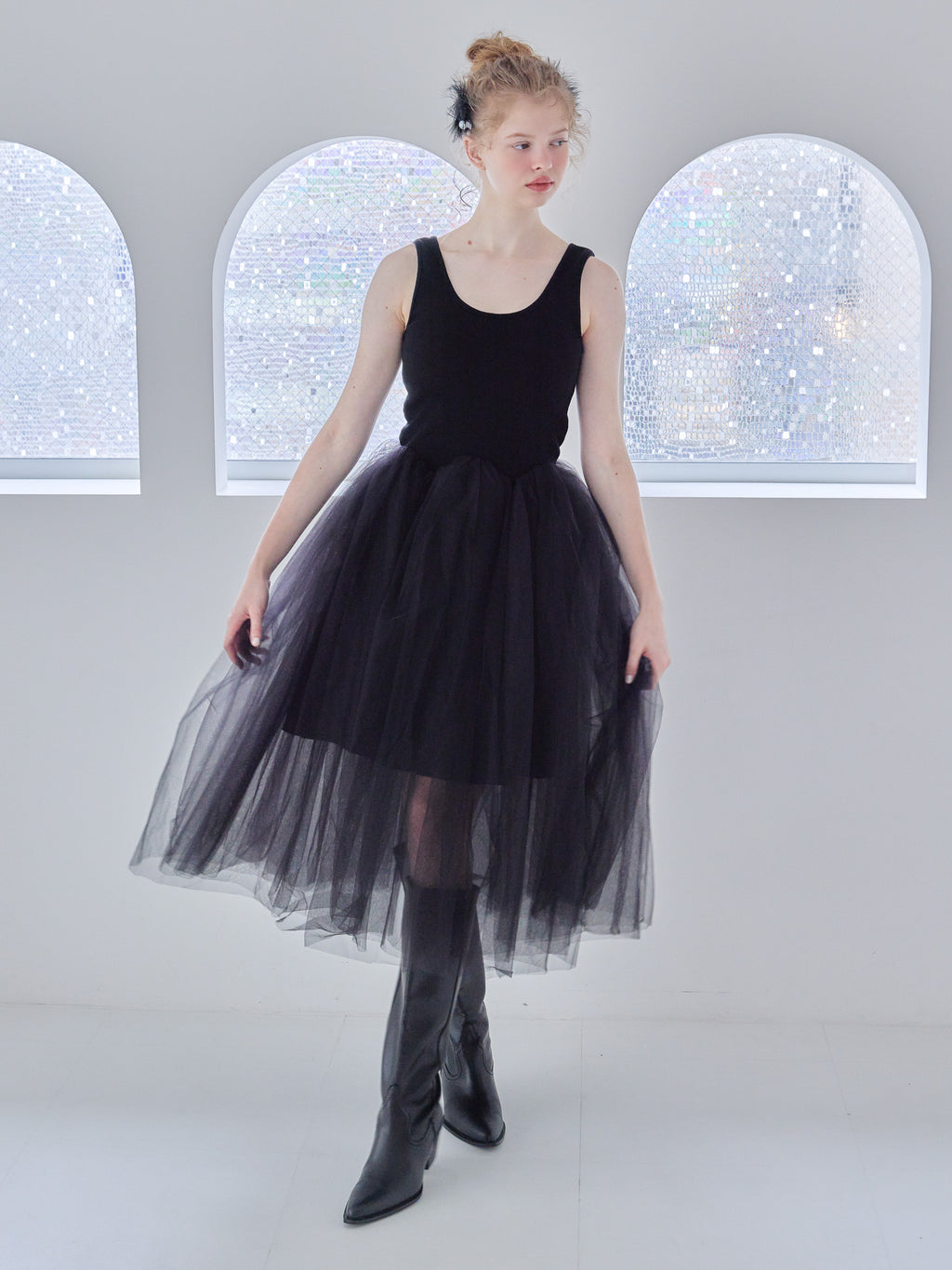 Volume tulle skirt tank dress ブラック size:M model:173cm Olesia