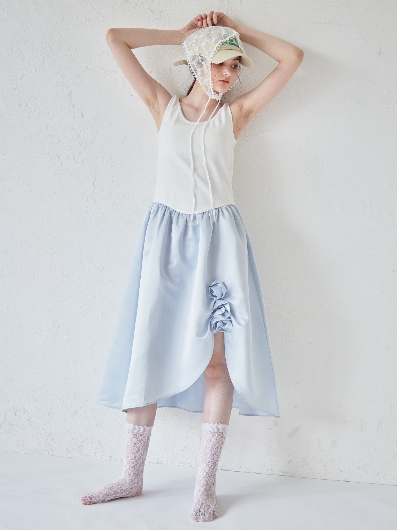 Rose satin docking rib dress ブルー size:M model:170cm ALICE