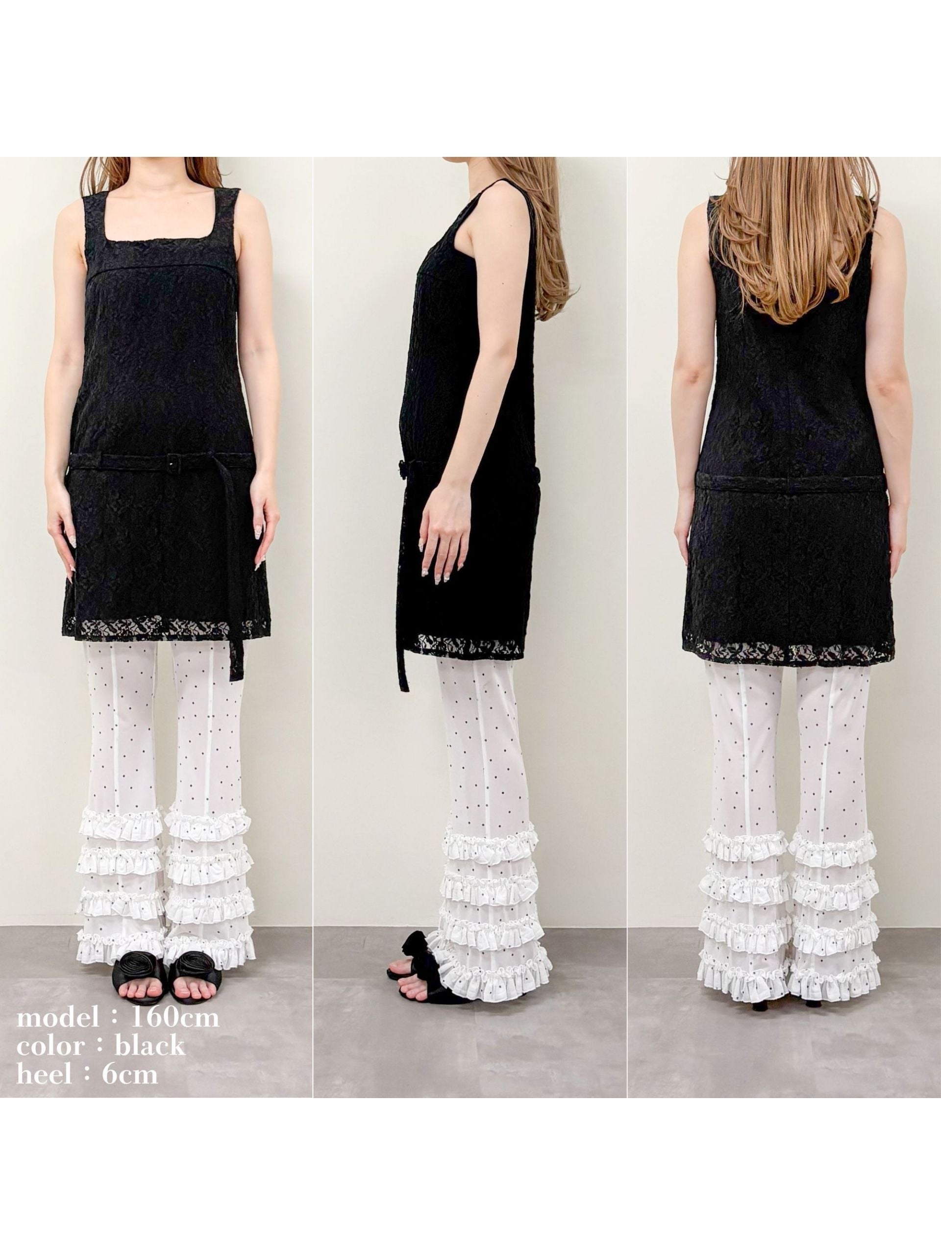 Low belt lace mini dress ブラック
