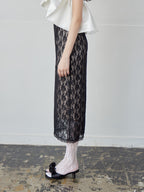 Ribbon embroidered lace tight skirt ブラック