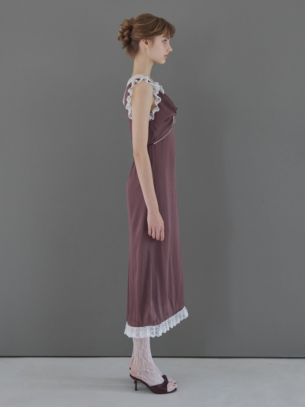Lace trim satin ribbon dress モカ size:M model:175cm MARTA