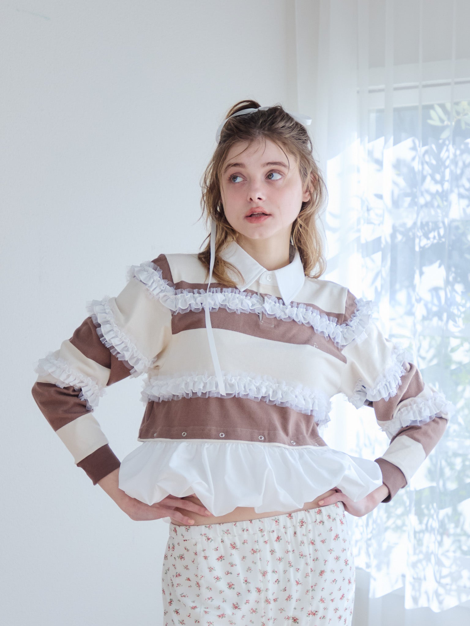 Balloon hem rugby shirt モカ size:M model:174cm KATERYNA