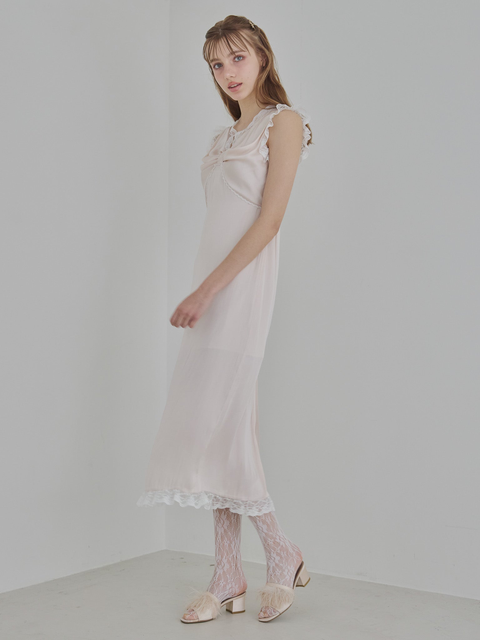 Lace trim satin ribbon dress ピンクベージュ size:M model:175cm MARTA