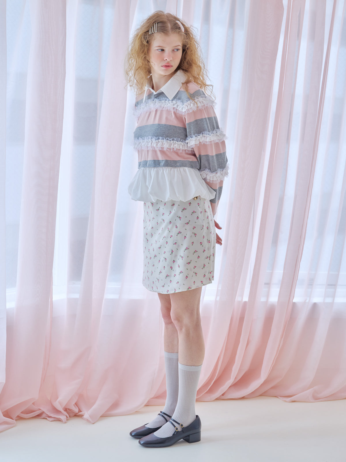 Balloon hem rugby shirt ピンク size:M model:173cm Olesia