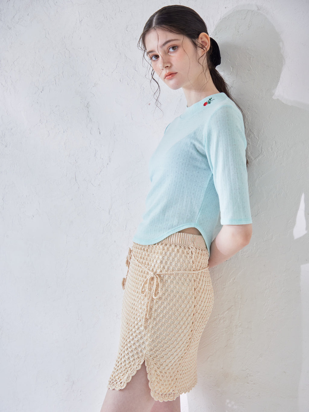 Rose crochet mini skirt ベージュ size:M model:170cm ALICE