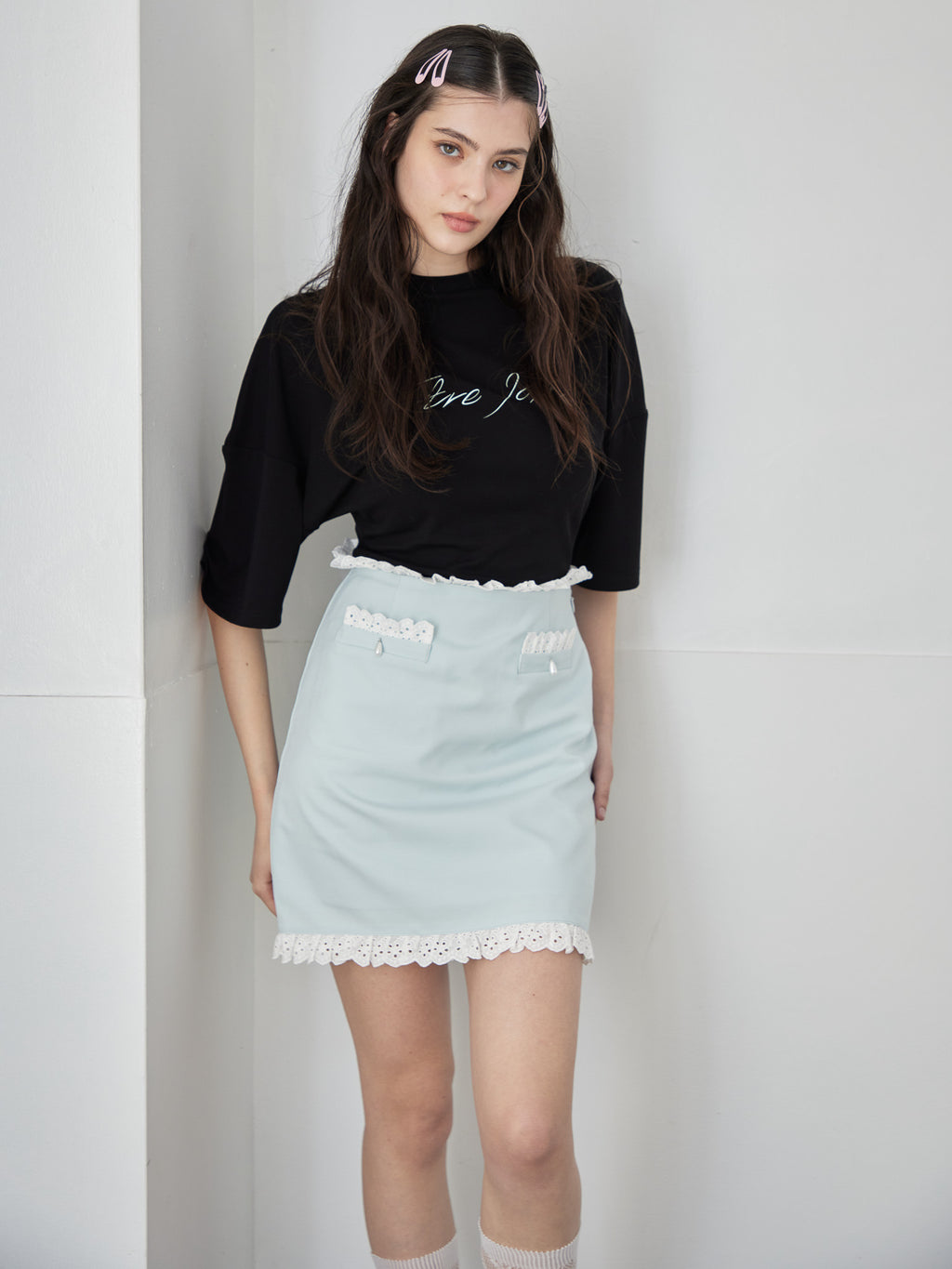 Lace trimming mini skirt ミント size:M model:172cm GINEVRA