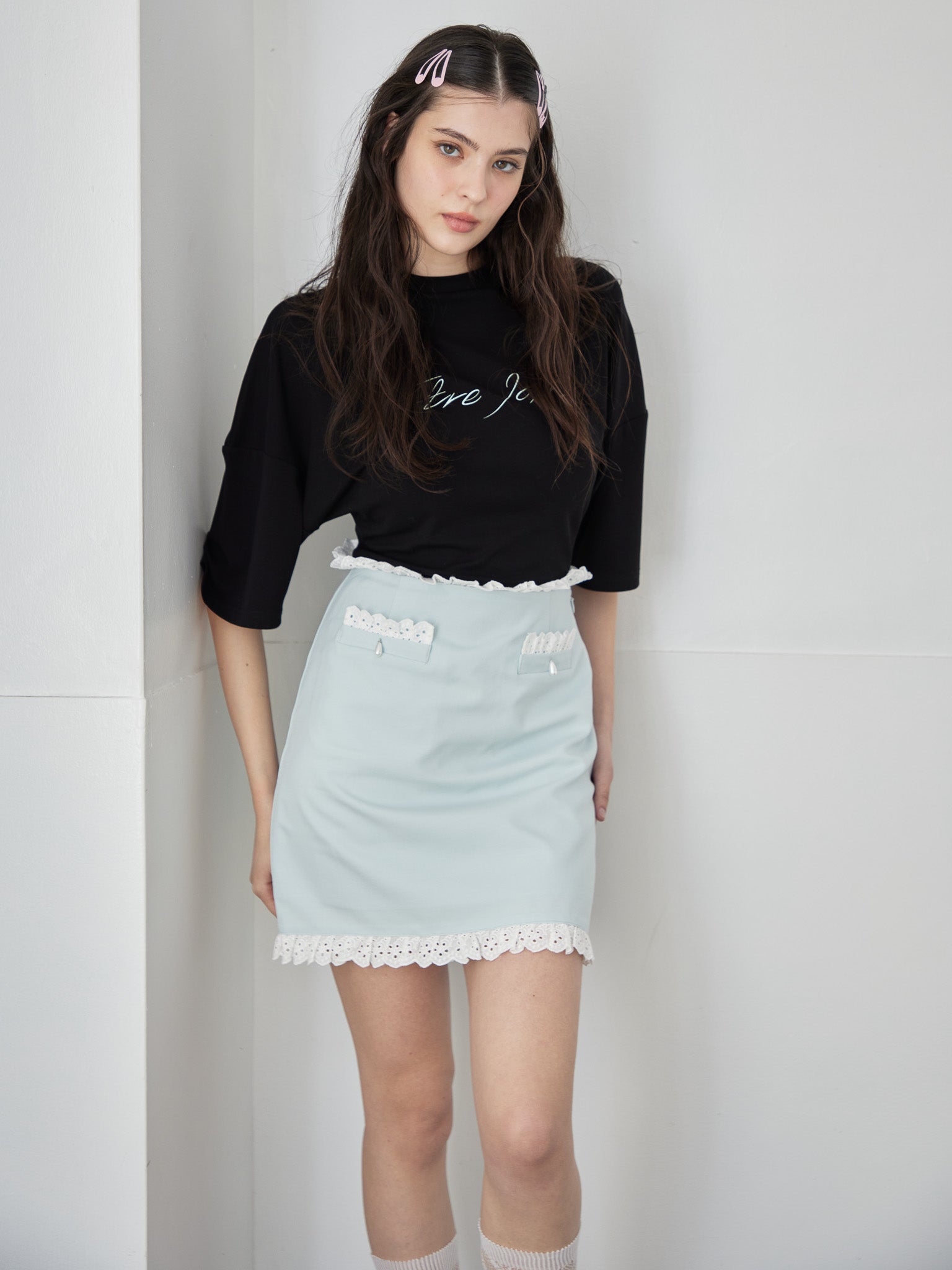 Lace trimming mini skirt ミント size:M model:172cm GINEVRA