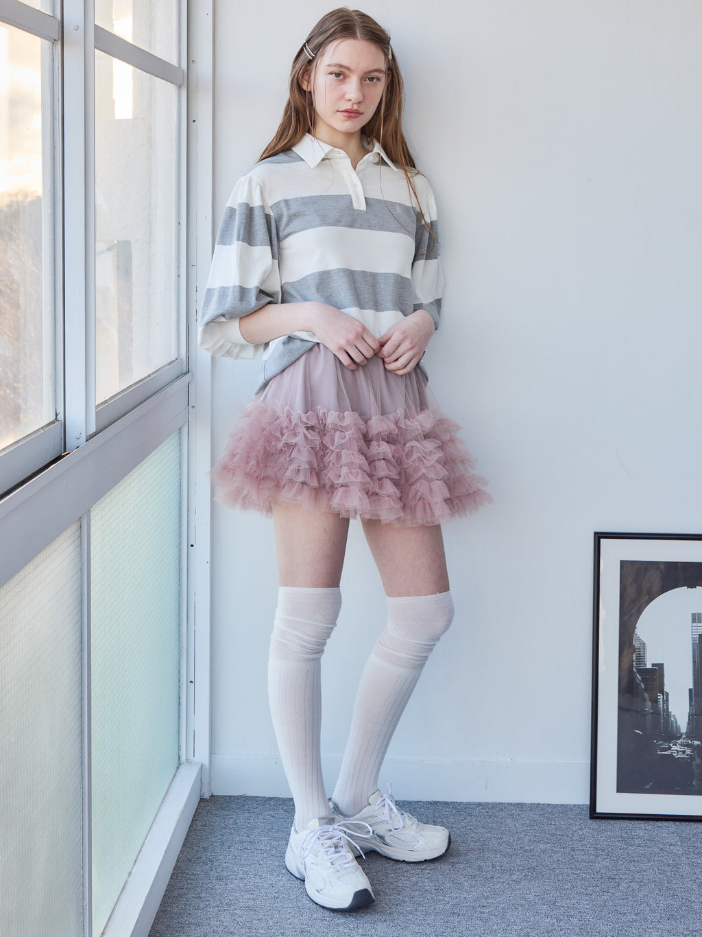 Rugby shirt and frill pants skirt グレー size:M model:171cm ANIUTA