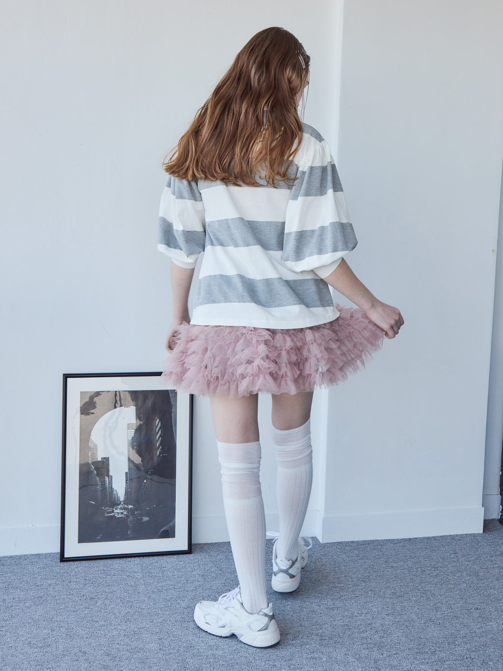 Rugby shirt and frill pants skirt グレー size:M model:171cm ANIUTA
