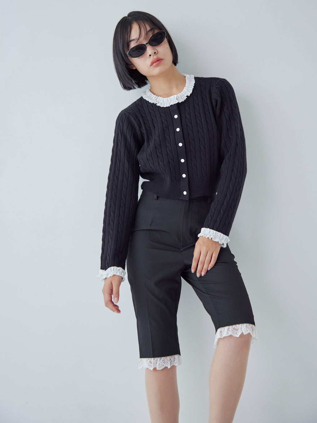 Frilly cable knit cardigan ブラック size:M model:161cm 富樫かなえ