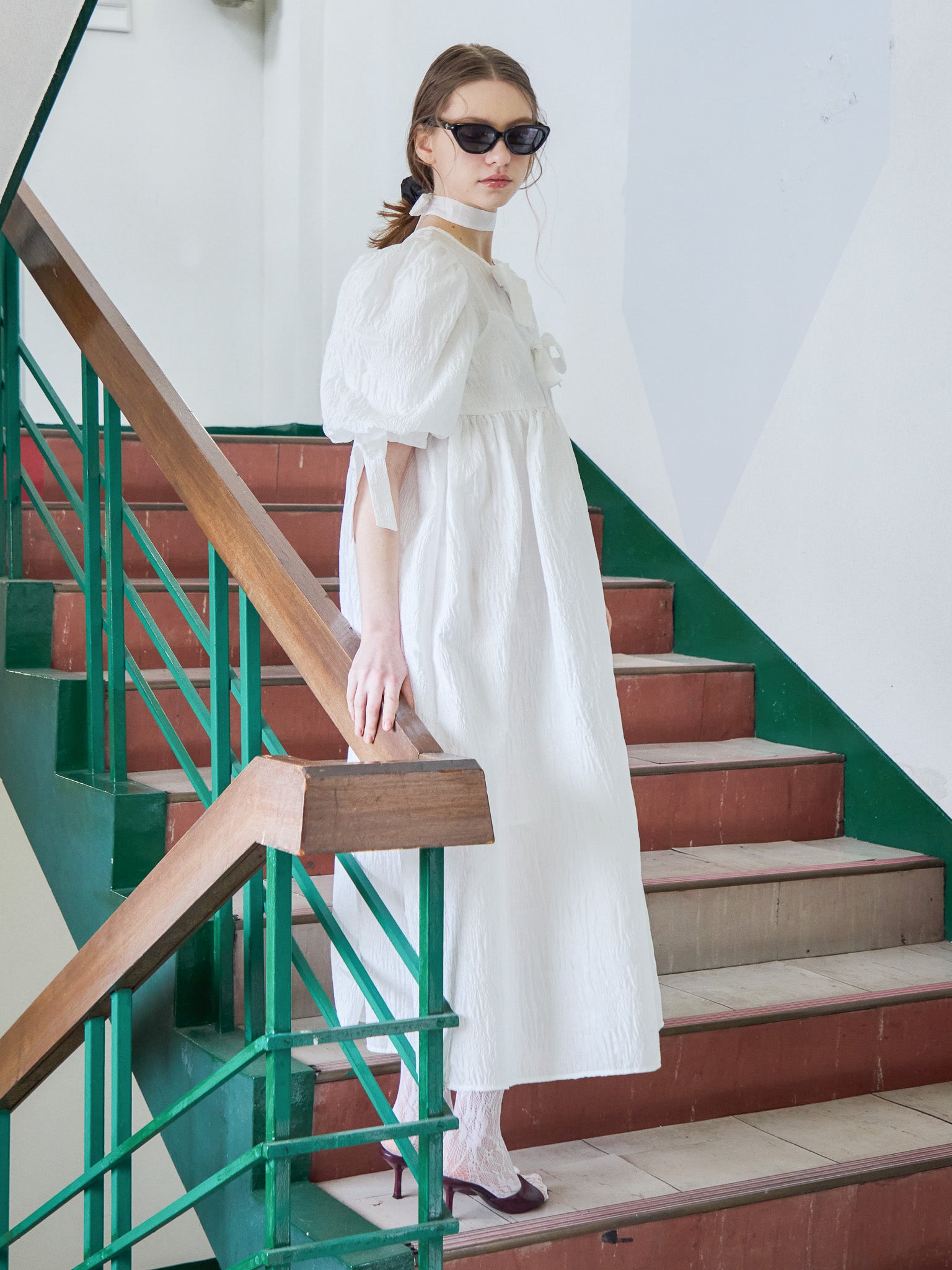 Ribbon jaquard volume dress ホワイト size:M model:171cm ANIUTA