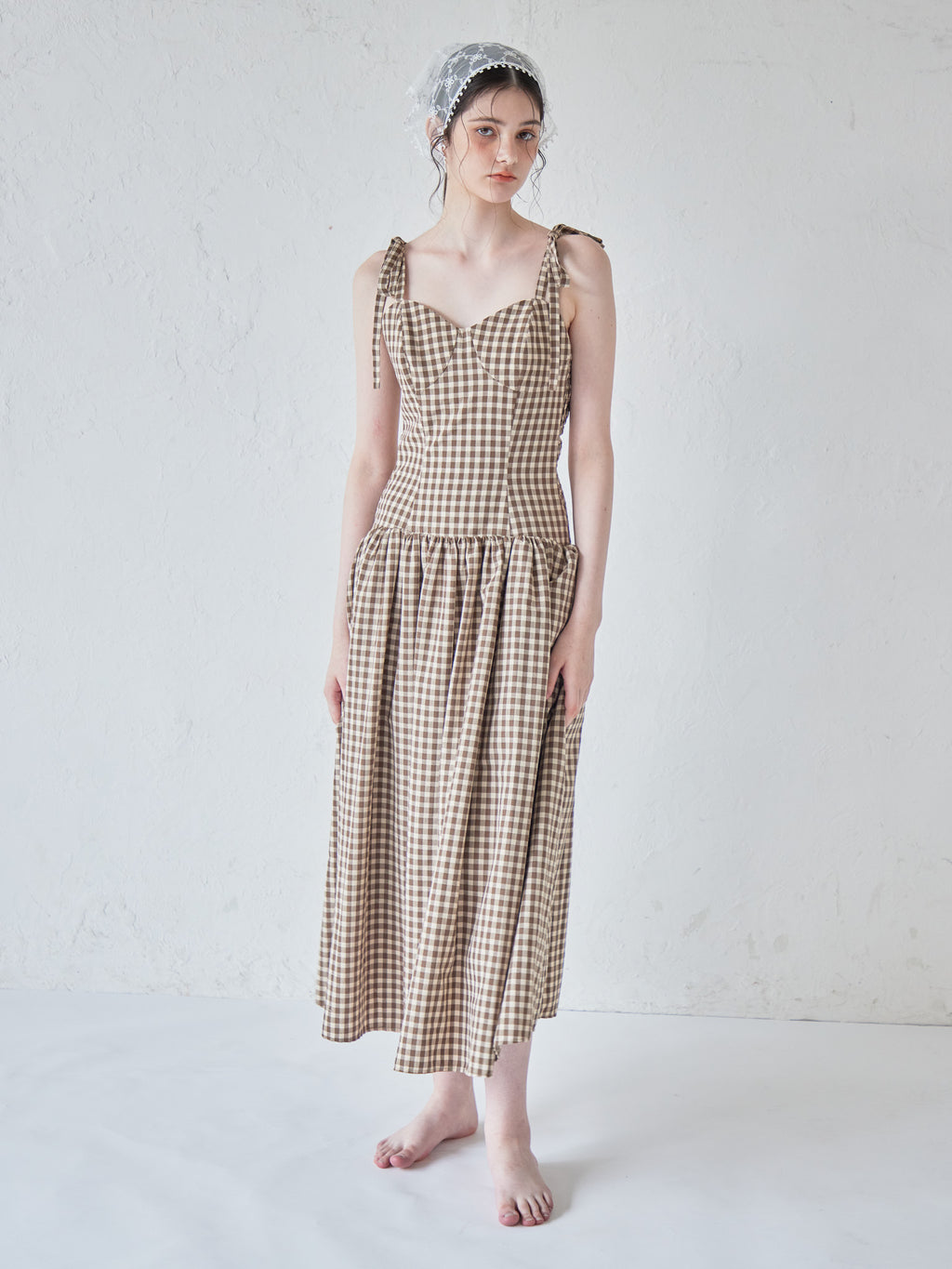 Gingham check back open dress ブラウン size:M model:170cm ALICE
