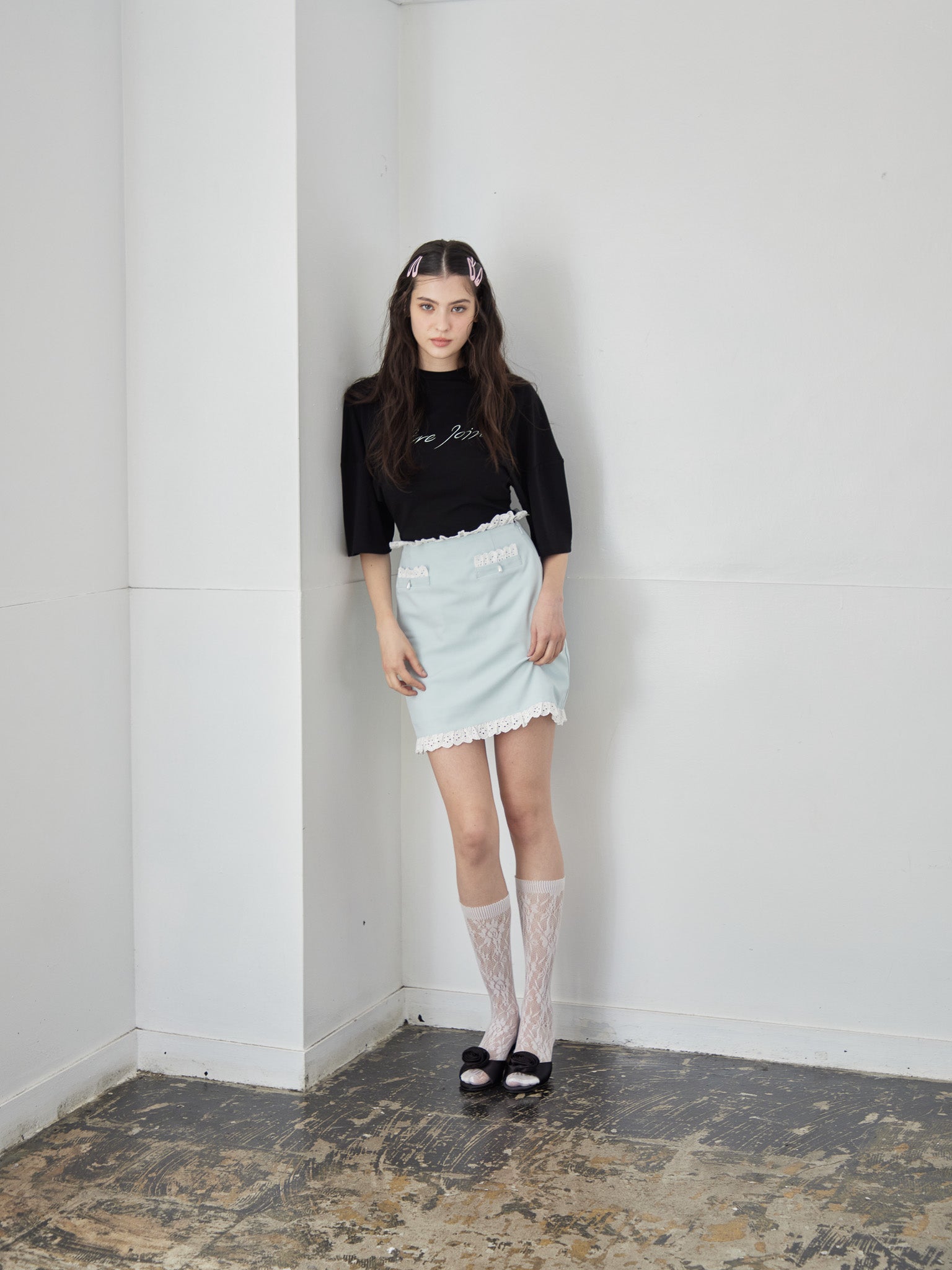 Lace trimming mini skirt ミント size:M model:172cm GINEVRA