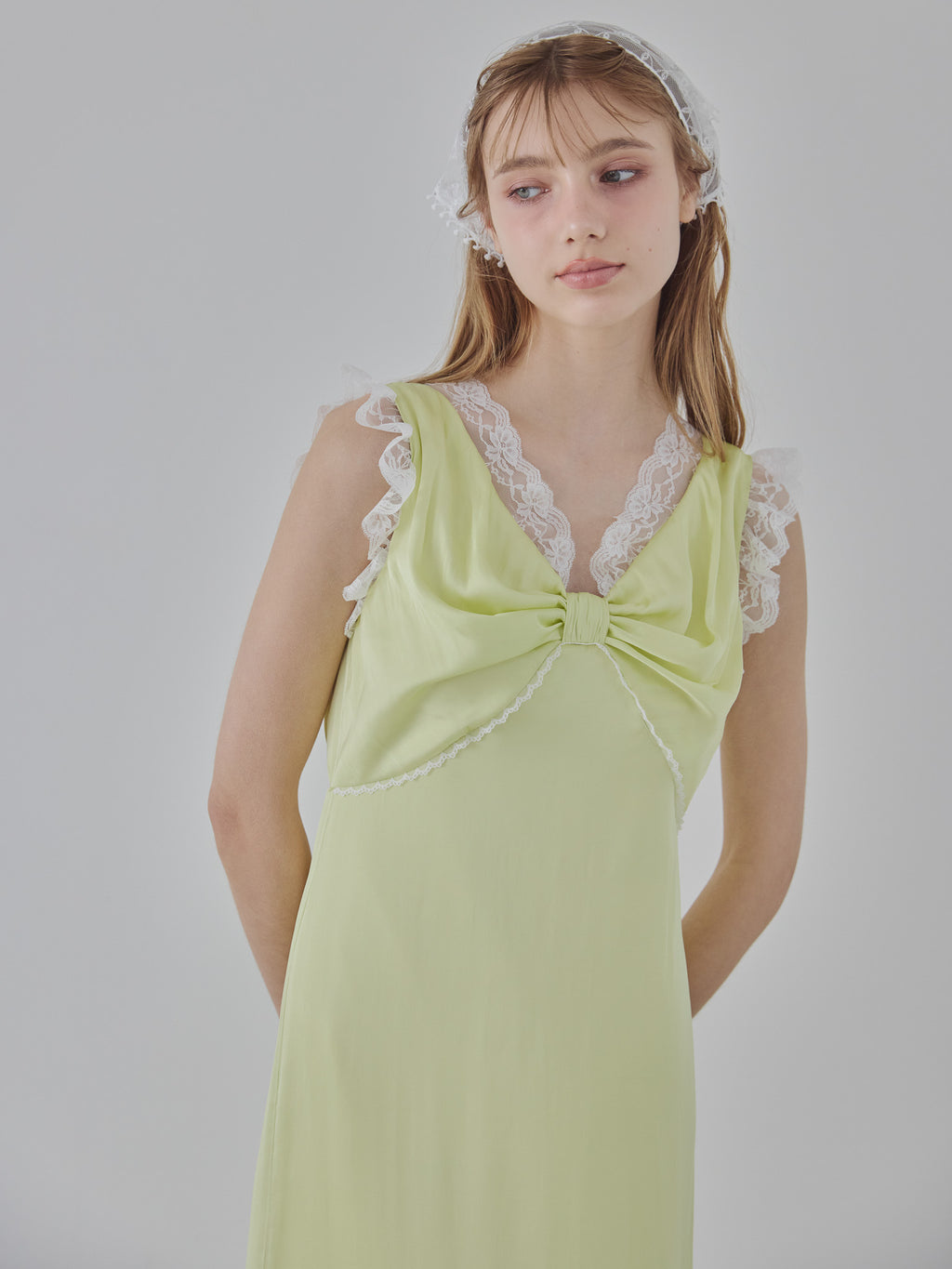 Lace trim satin ribbon dress ライム size:M model:175cm MARTA