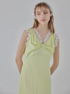 Lace trim satin ribbon dress ライム size:M model:175cm MARTA