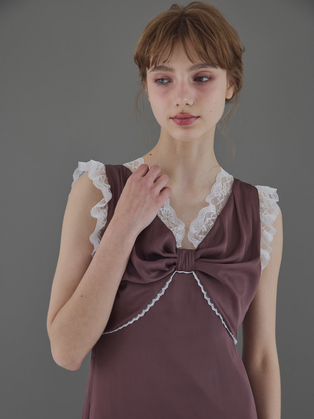 Lace trim satin ribbon dress モカ size:M model:175cm MARTA
