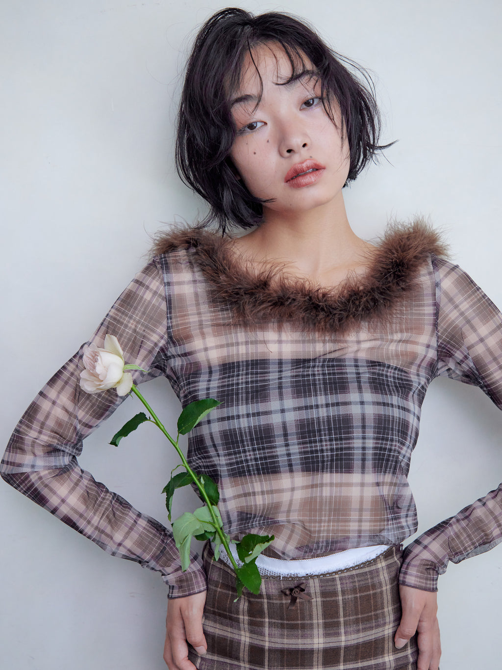 Fur trimmed sheer top ブラウン size:M model:161cm 富樫かなえ