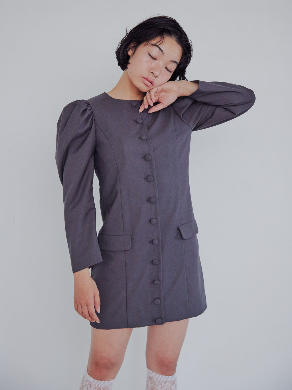 Volume sleeve mini dress グレー size:M model:161cm 富樫かなえ