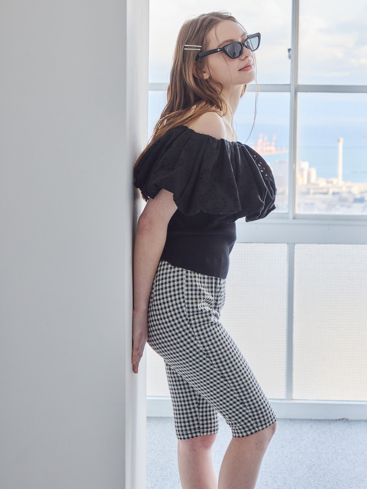Gingham check sabrina stretch pants ブラック size:M model:171cm ANIUTA