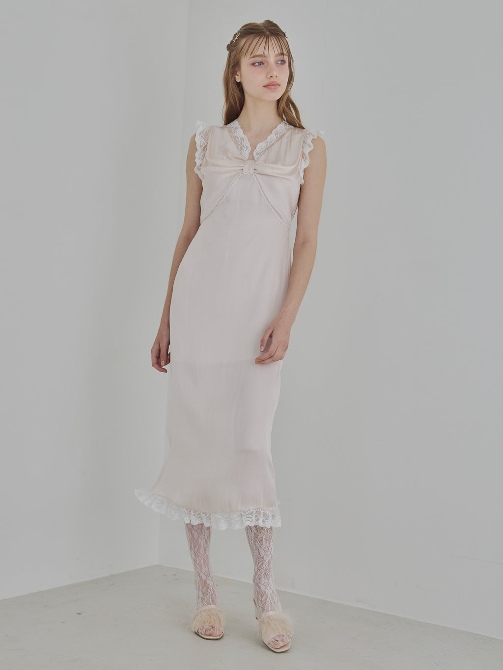 Lace trim satin ribbon dress ピンクベージュ size:M model:175cm MARTA