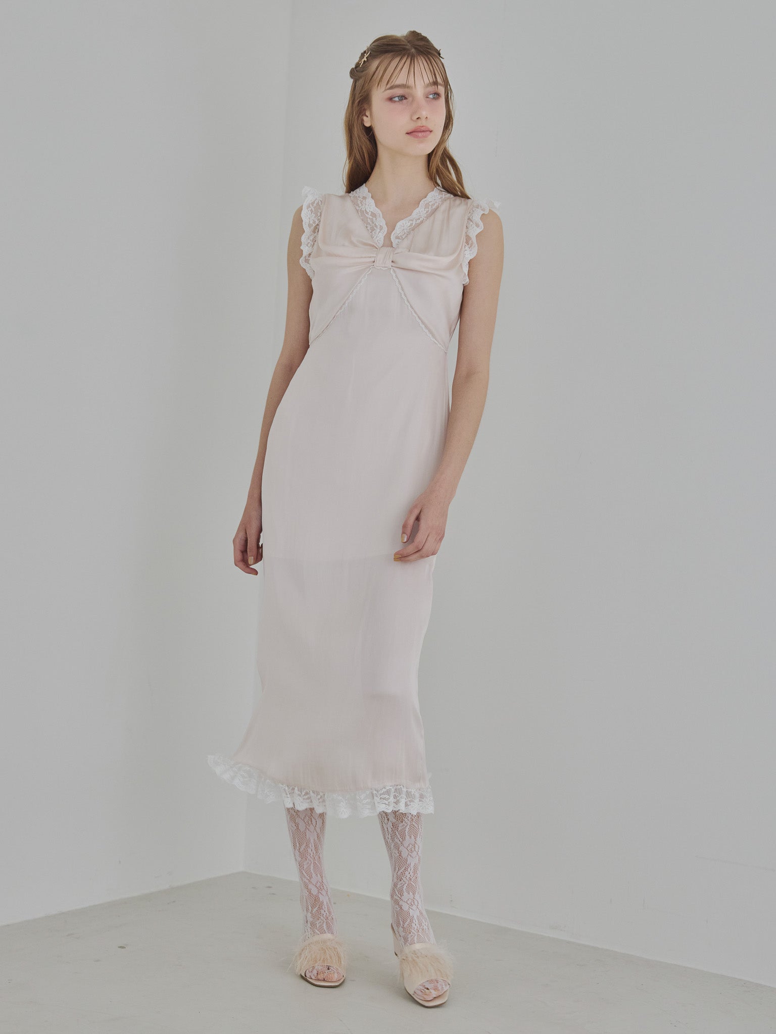 Lace trim satin ribbon dress ピンクベージュ size:M model:175cm MARTA