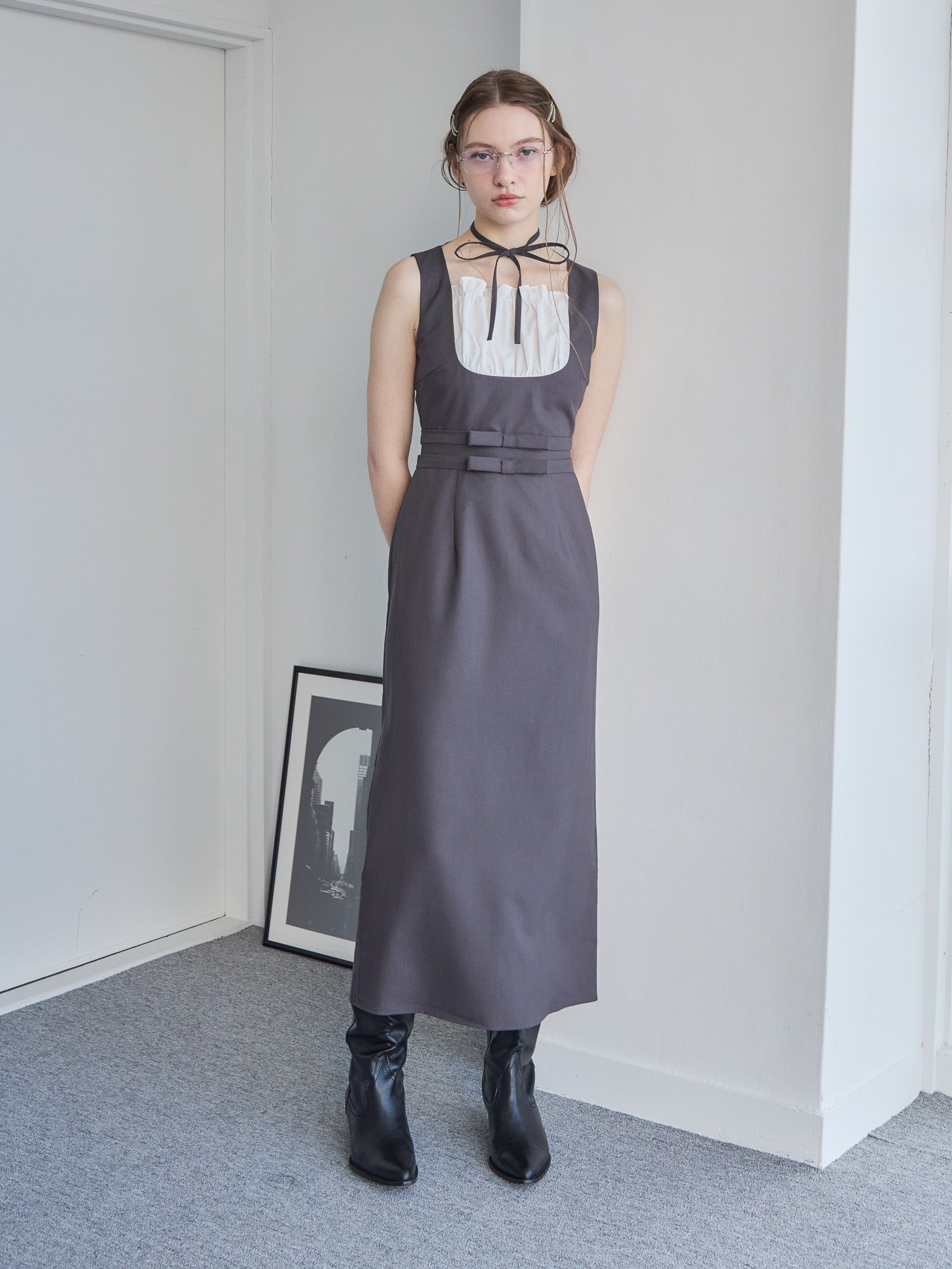 Ribbon waist dress グレー size:M model:171cm ANIUTA