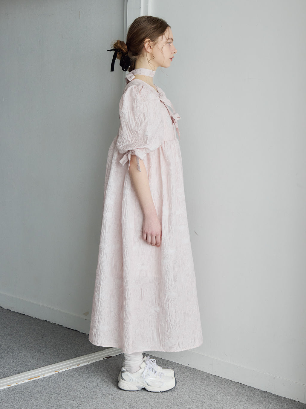 Ribbon jaquard volume dress ピンク size:M model:171cm ANIUTA