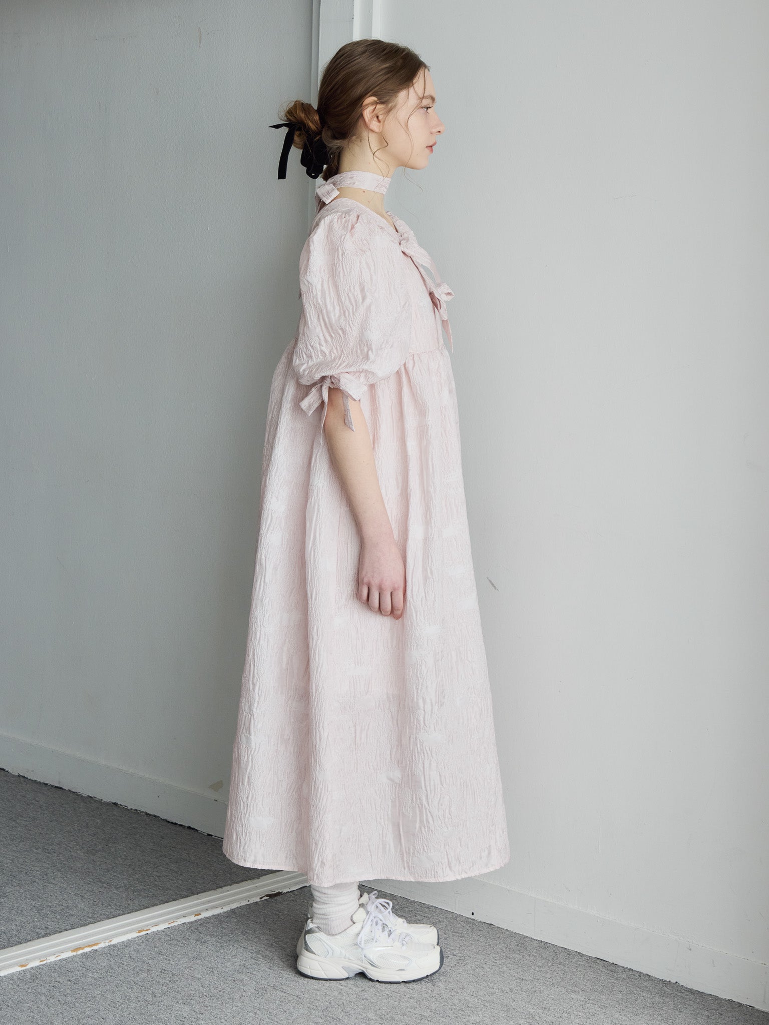 Ribbon jaquard volume dress ピンク size:M model:171cm ANIUTA