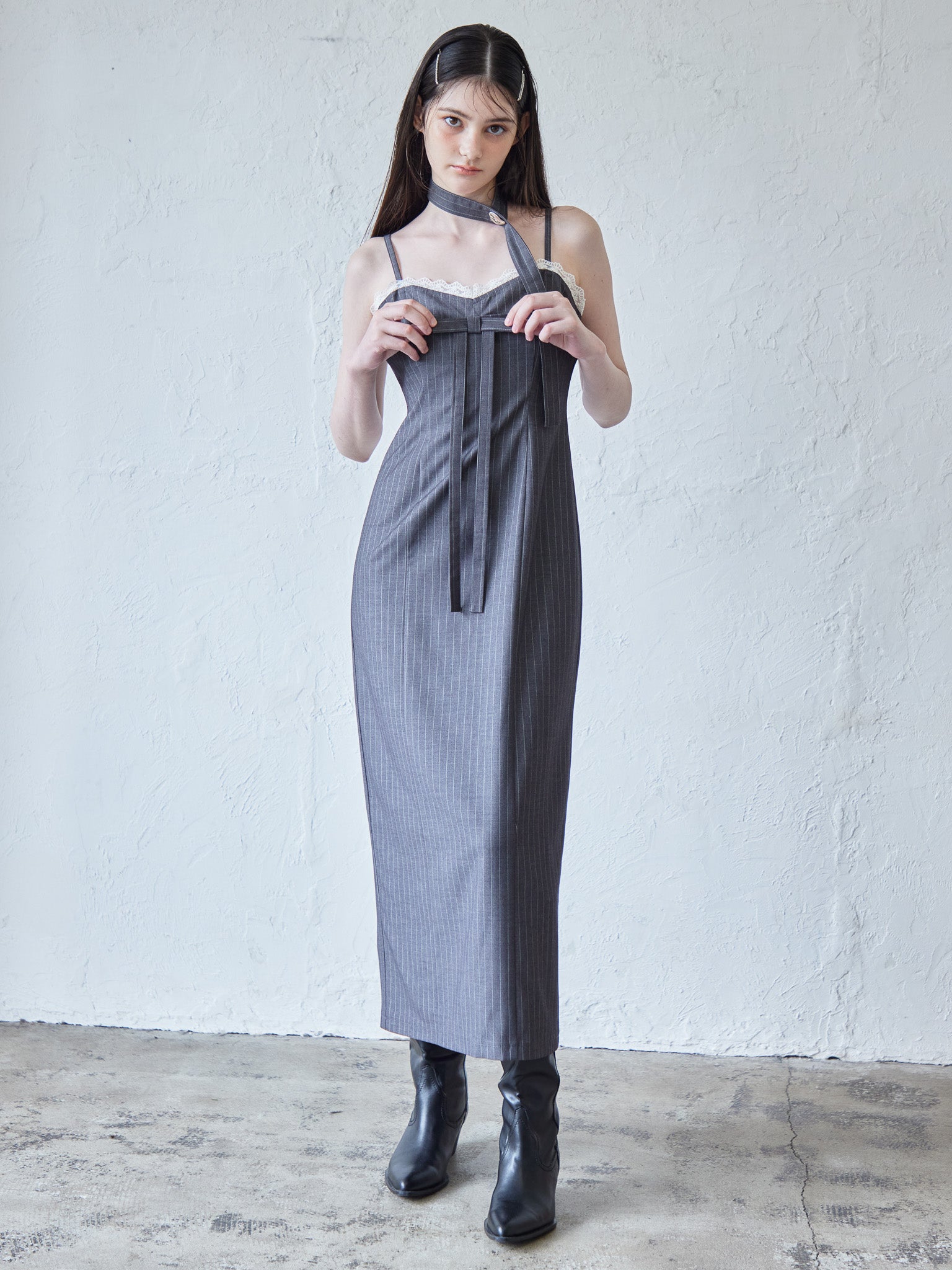 Stripe ribbon tight dress グレー size:M model:170cm ALICE
