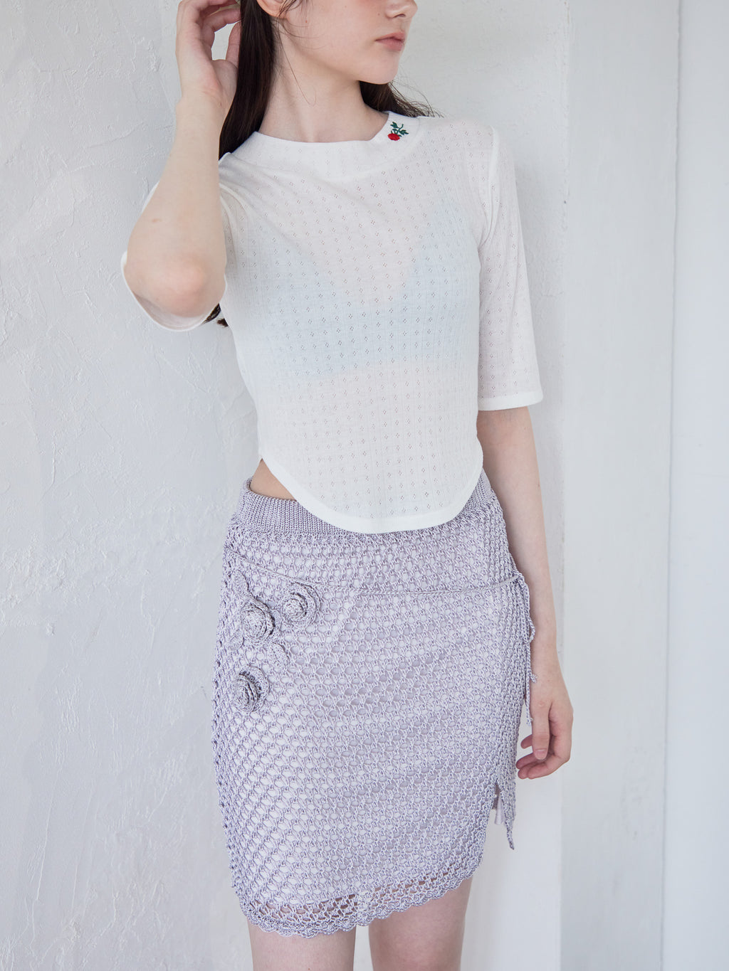 Rose crochet mini skirt サックス size:M model:170cm ALICE