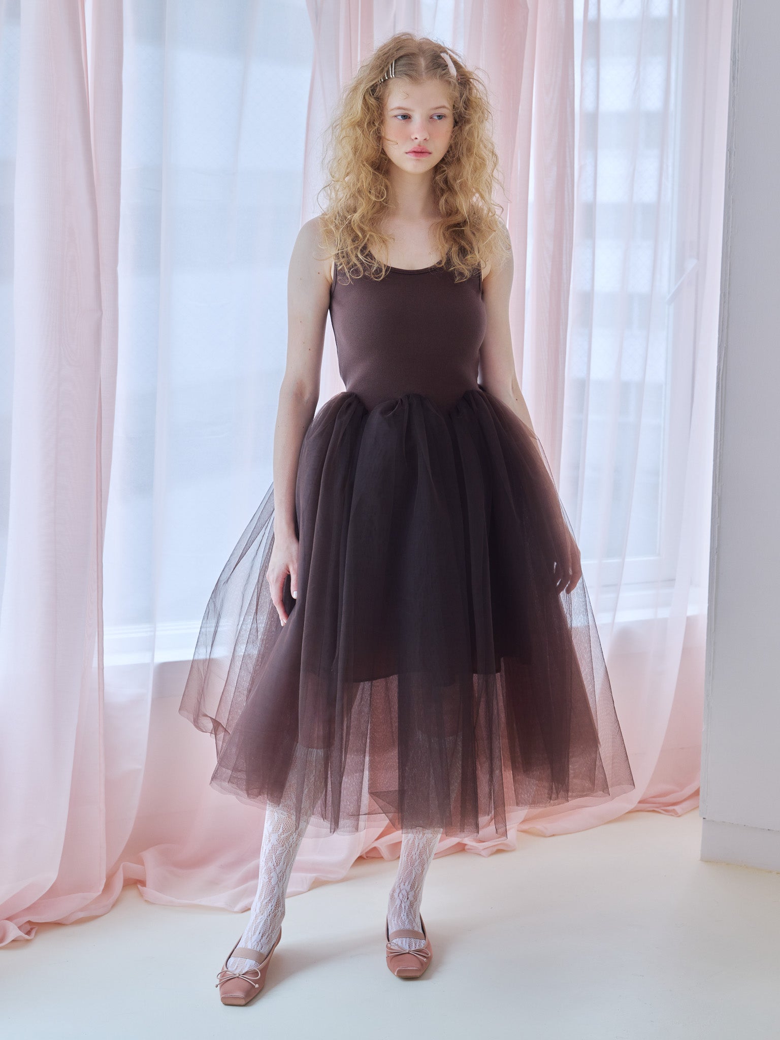 Volume tulle skirt tank dress ブラウン size:M model:173cm Olesia