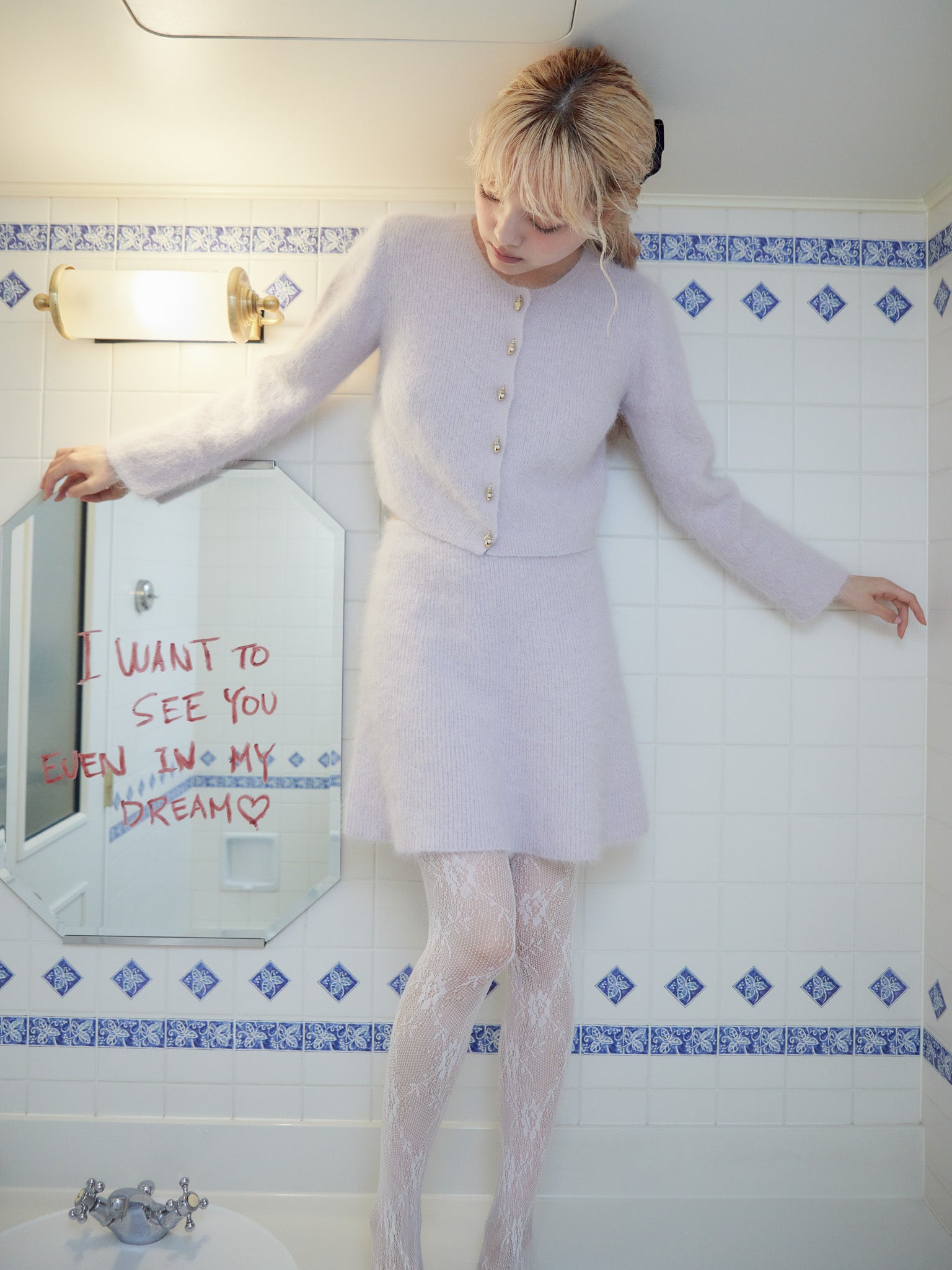 Shell button shaggy cardigan ラベンダー size:M model:163cm MINAMI