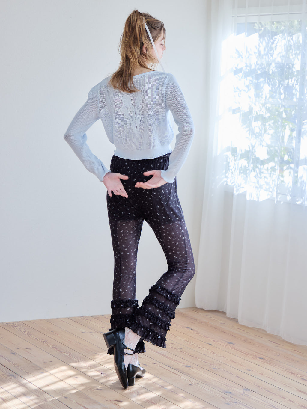 Frill tulle print pants ブラック size:M model:174cm KATERYNA