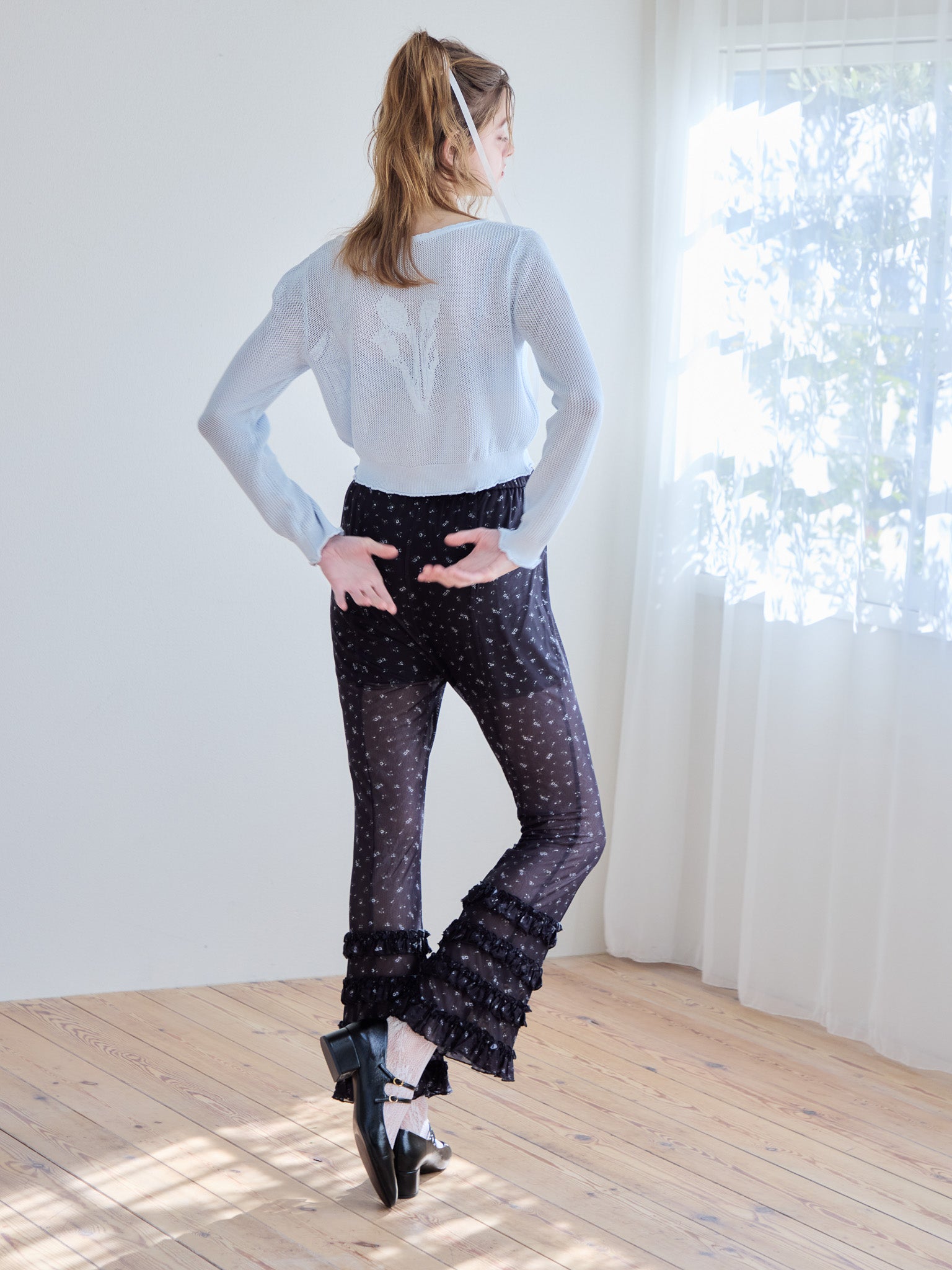 Frill tulle print pants ブラック size:M model:174cm KATERYNA